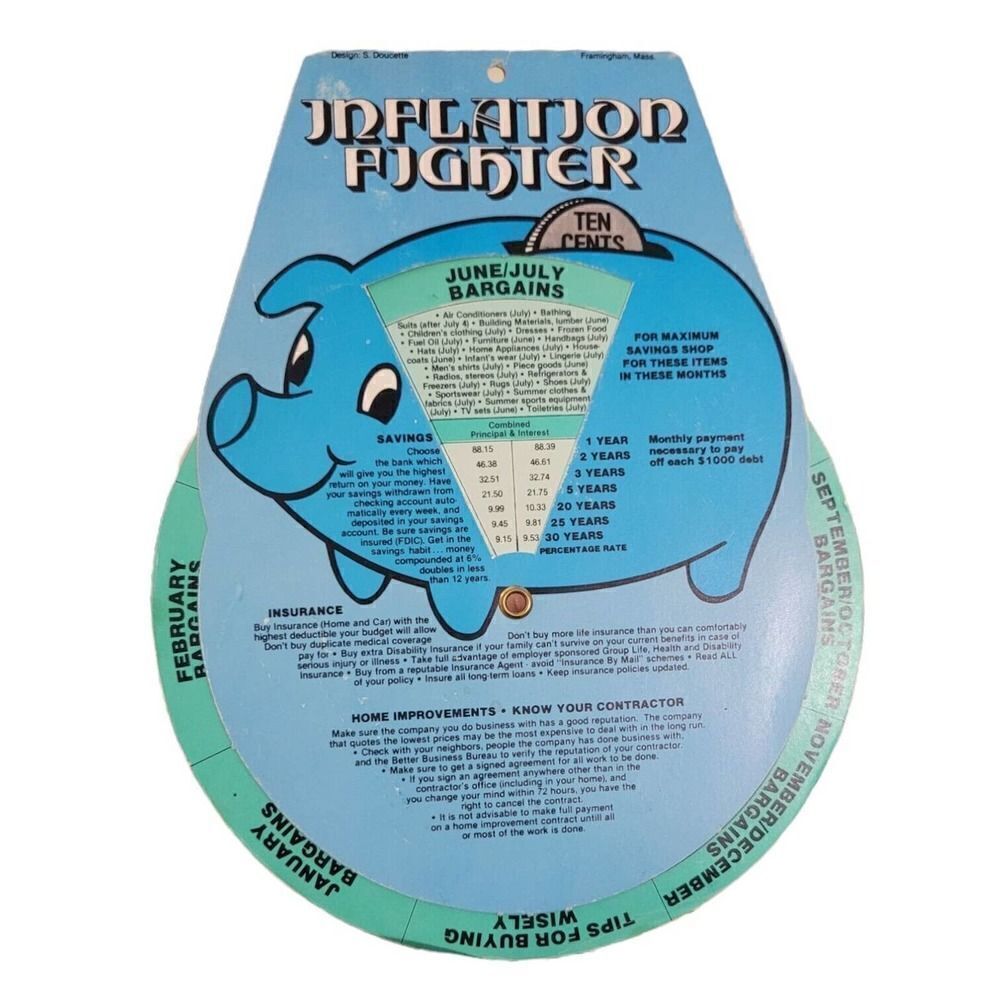 VTG 1987 greentree marketing inc inflation fighter piggy bank slide/turn chart